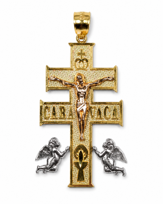 10K Two-Tone Gold Caravaca Crucifix Pendant with Angels