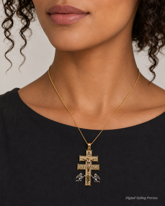 10K Two-Tone Gold Caravaca Crucifix Pendant with Angels