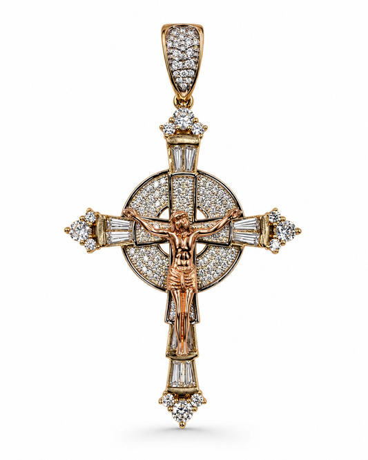 14K Two-Tone Gold Halo Crucifix Pendant with Clear Stone Accents