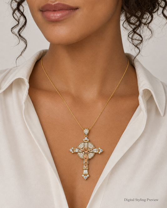 14K Two-Tone Gold Halo Crucifix Pendant with Clear Stone Accents