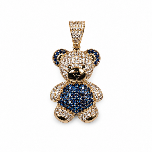 14K Yellow Gold Blue Stone Teddy Bear Pendant