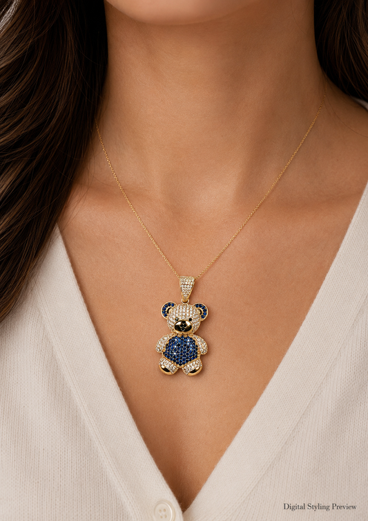 14K Yellow Gold Blue Stone Teddy Bear Pendant