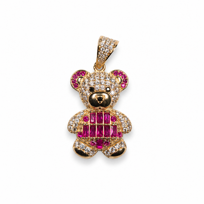 14K Yellow Gold Pink and Purple Teddy Bear Pendant