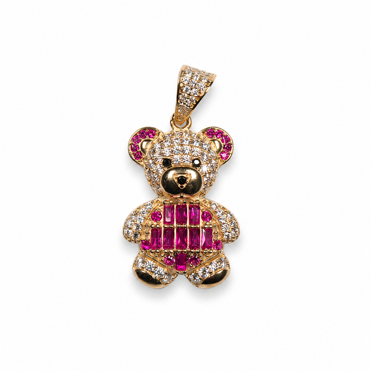 14K Yellow Gold Pink and Purple Teddy Bear Pendant