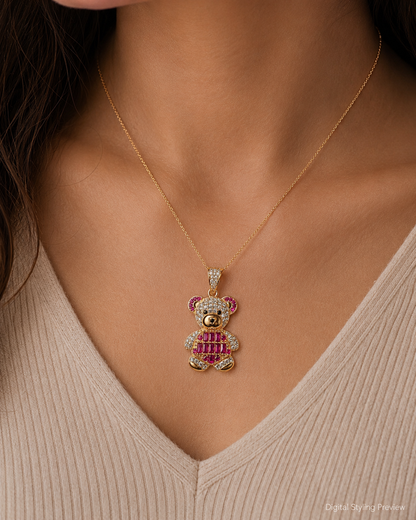 14K Yellow Gold Pink and Purple Teddy Bear Pendant