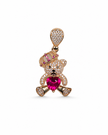 14K Yellow Gold Crowned Teddy Bear Heart Pendant