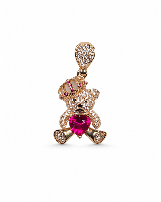 14K Yellow Gold Crowned Teddy Bear Heart Pendant