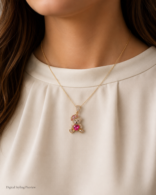 14K Yellow Gold Crowned Teddy Bear Heart Pendant