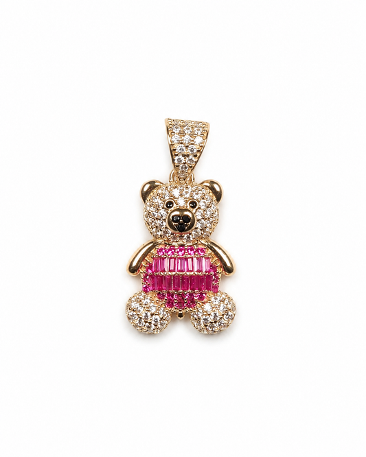 14K Yellow Gold Pink Dress Teddy Bear Pendant