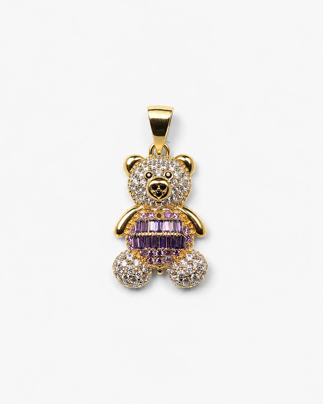 14K Yellow Gold Purple Dress Teddy Bear Pendant