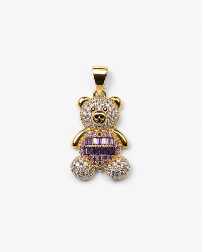 14K Yellow Gold Purple Dress Teddy Bear Pendant