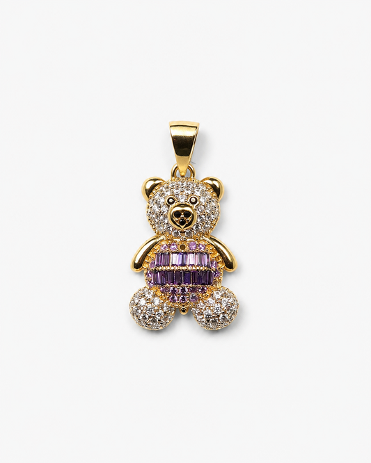 14K Yellow Gold Purple Dress Teddy Bear Pendant