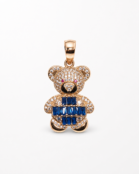 14K Yellow Gold Royal Blue Teddy Bear Pendant