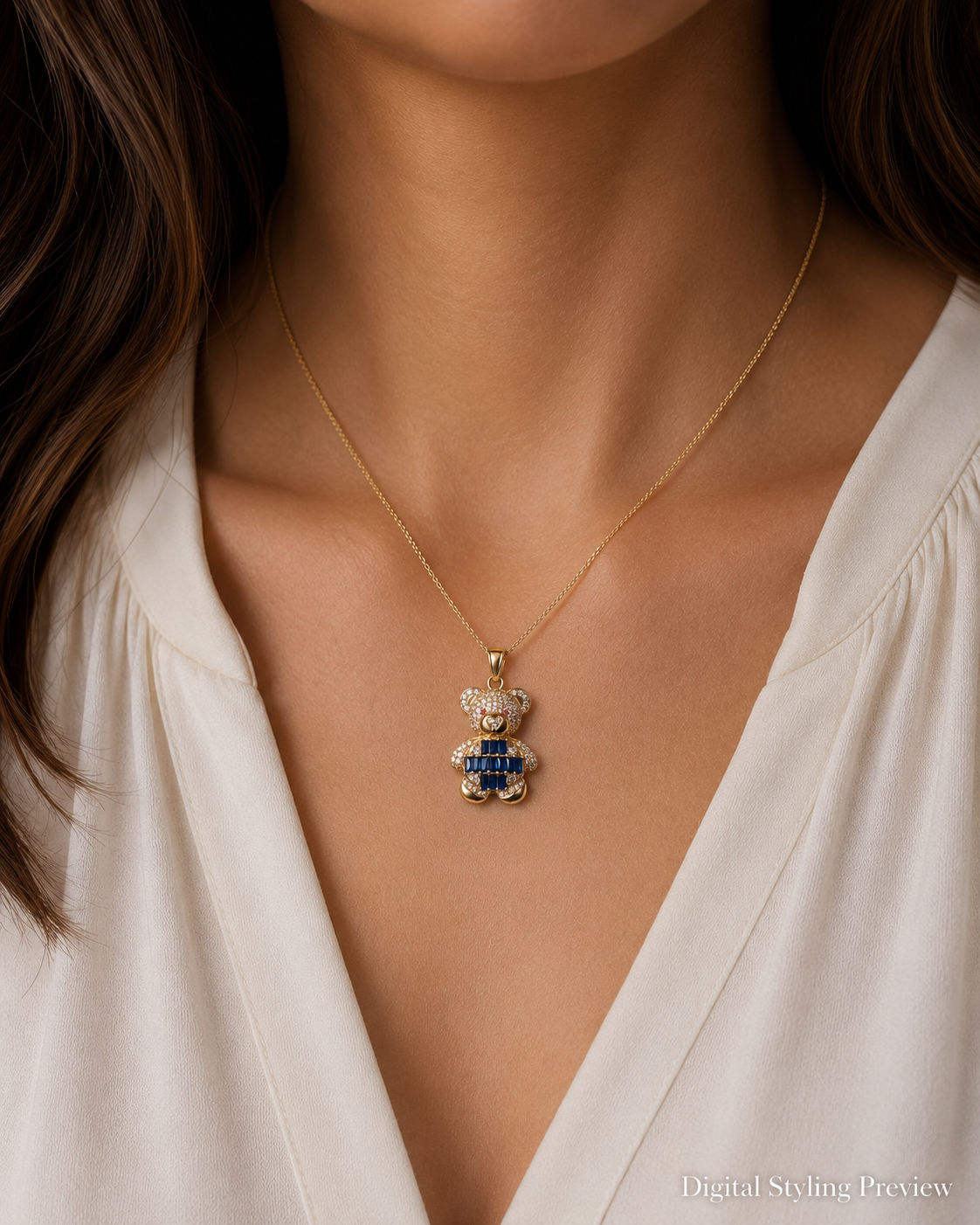 14K Yellow Gold Royal Blue Teddy Bear Pendant