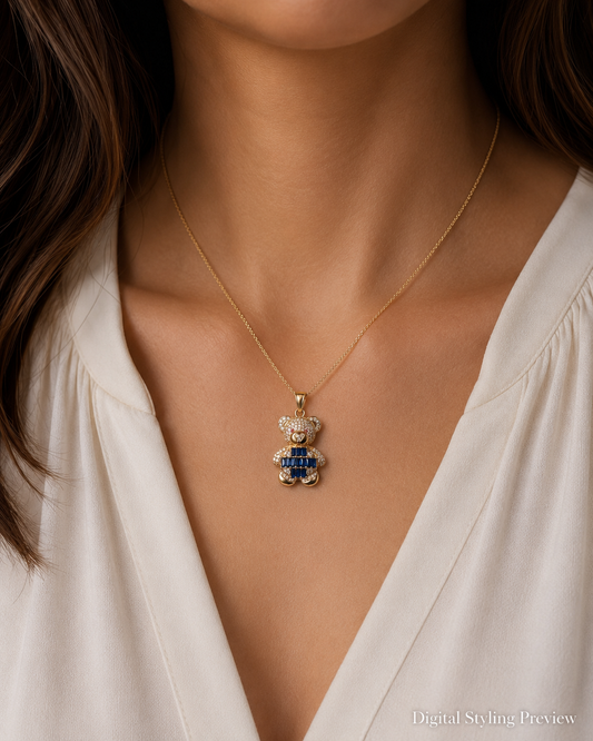 14K Yellow Gold Royal Blue Teddy Bear Pendant