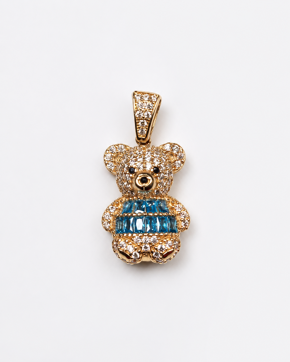 14K Yellow Gold Aqua Blue Teddy Bear Pendant