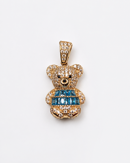 14K Yellow Gold Aqua Blue Teddy Bear Pendant