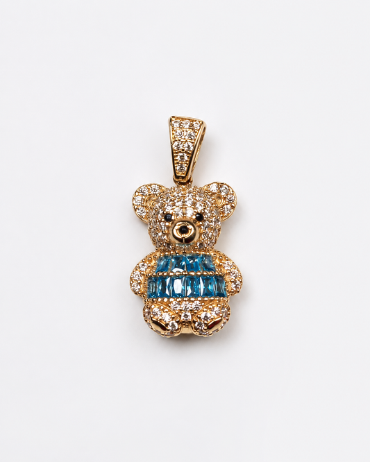 14K Yellow Gold Aqua Blue Teddy Bear Pendant