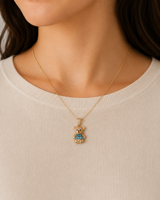 14K Yellow Gold Aqua Blue Teddy Bear Pendant