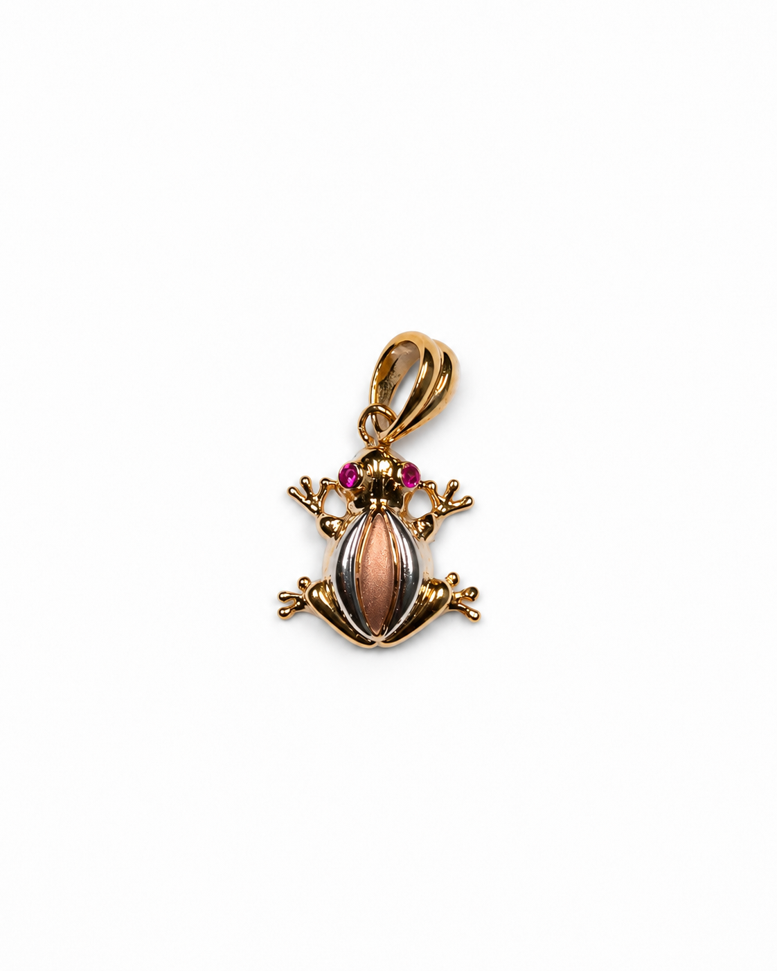 14K Tri-Color Gold Frog Pendant with Pink Eyes