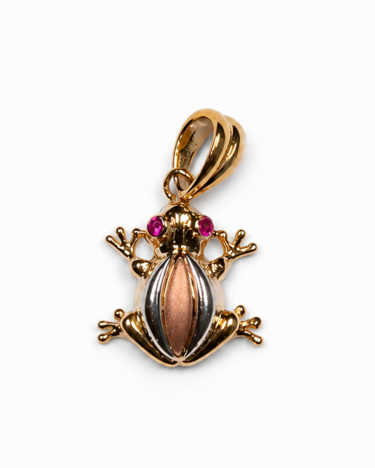 14K Tri-Color Gold Frog Pendant with Pink Eyes