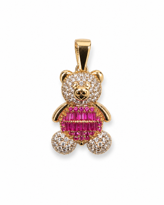 14K Yellow Gold Petite Pink Teddy Bear Pendant