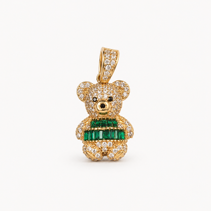 14K Yellow Gold Emerald Green Teddy Bear Pendant