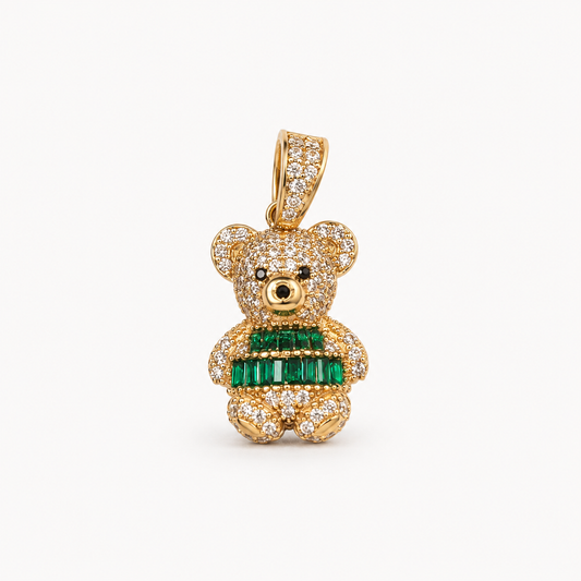 14K Yellow Gold Emerald Green Teddy Bear Pendant