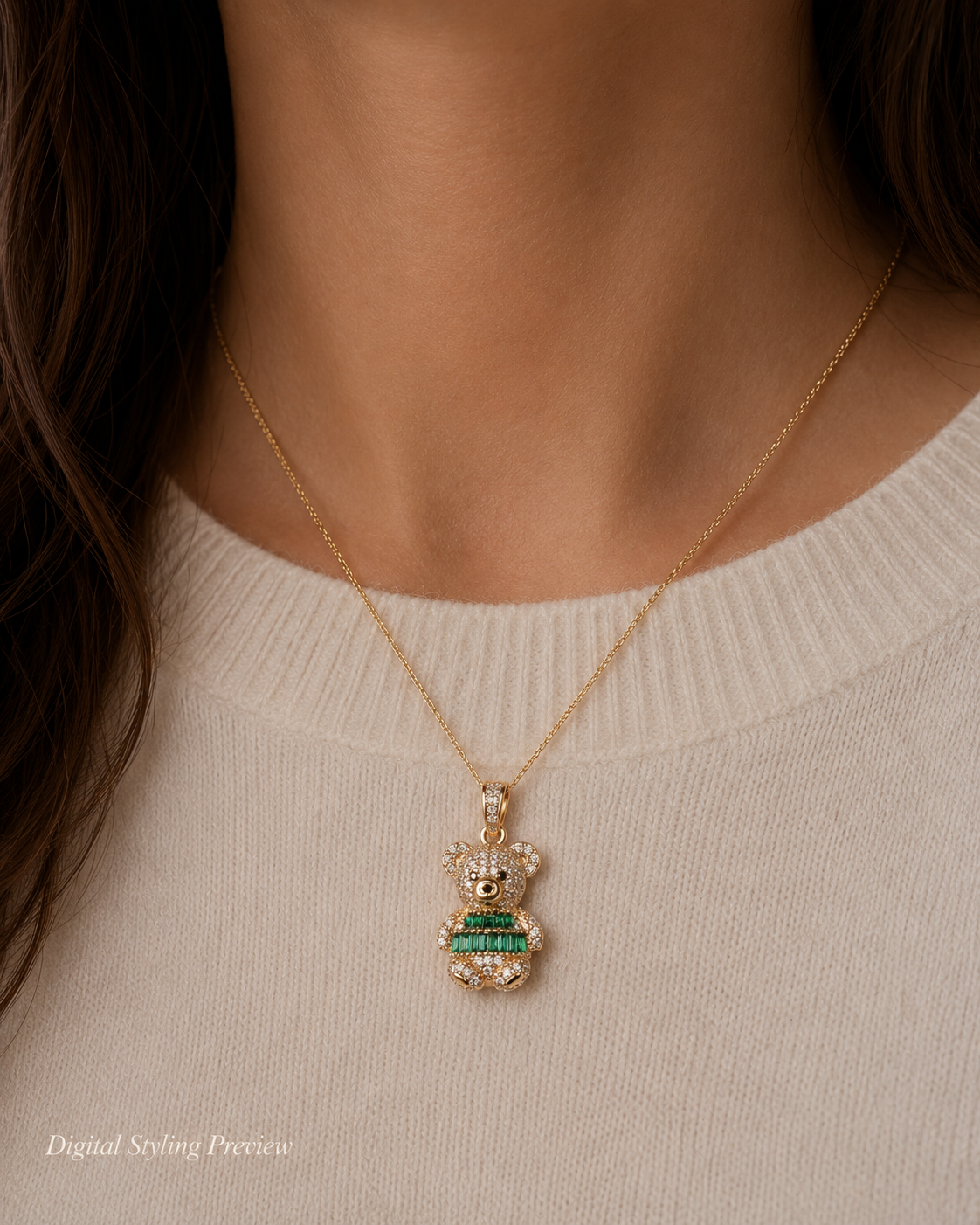 14K Yellow Gold Emerald Green Teddy Bear Pendant