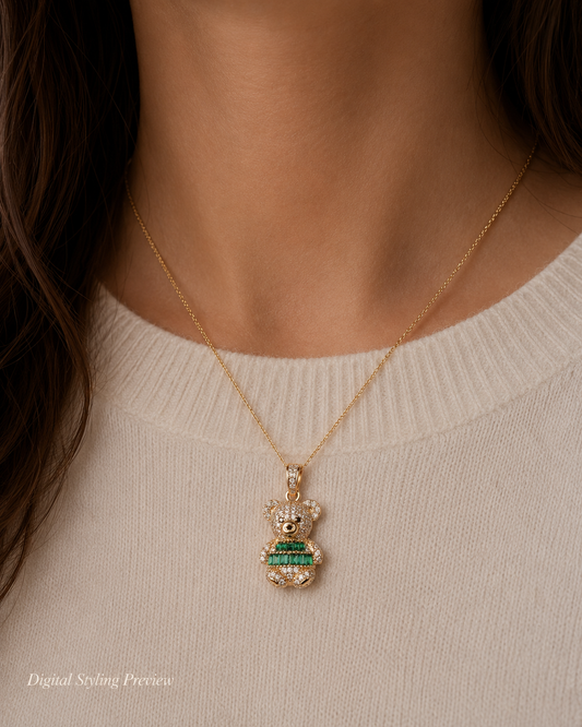 14K Yellow Gold Emerald Green Teddy Bear Pendant