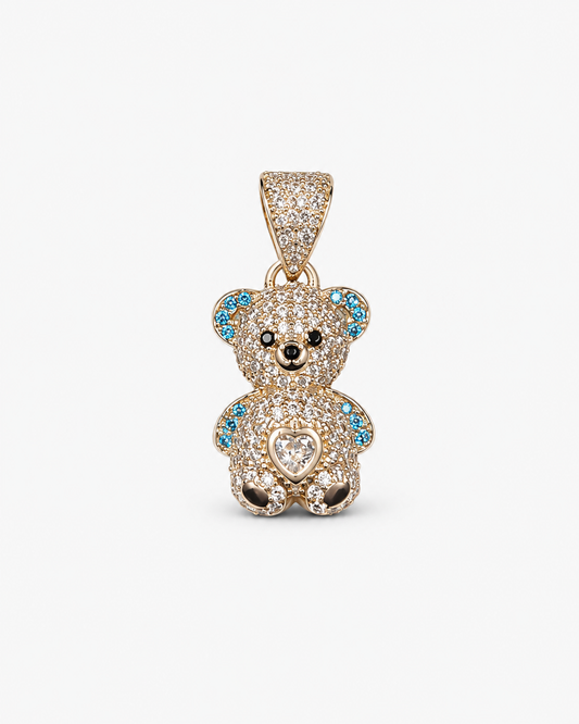 14K Yellow Gold Rose-Detail Teddy Bear Pendant