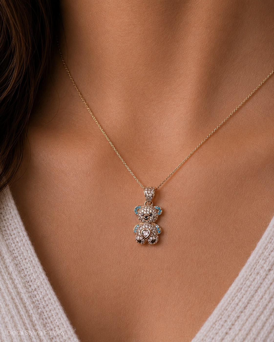 14K Yellow Gold Rose-Detail Teddy Bear Pendant