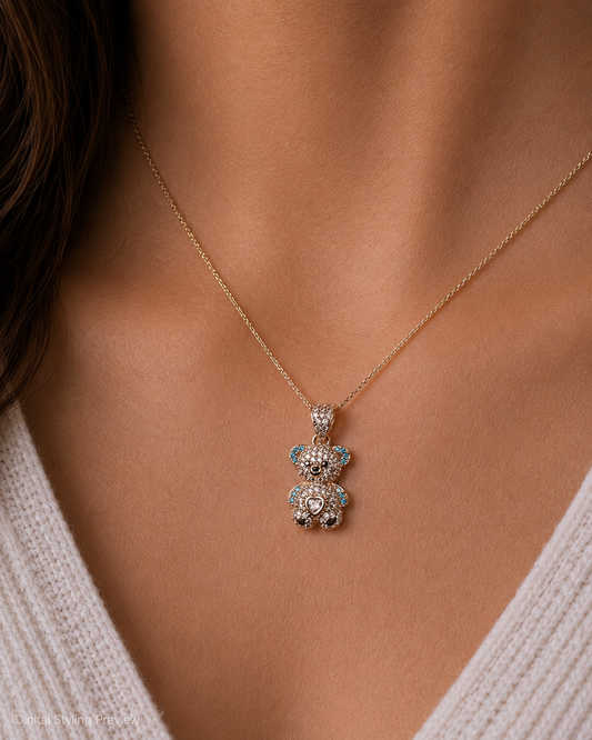 14K Yellow Gold Rose-Detail Teddy Bear Pendant