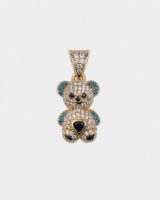 14K Yellow Gold Blue Halo Teddy Bear Heart Pendant