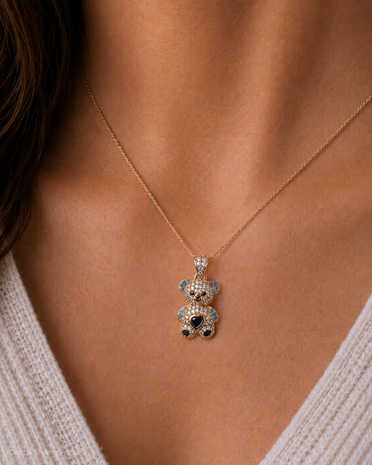 14K Yellow Gold Blue Halo Teddy Bear Heart Pendant