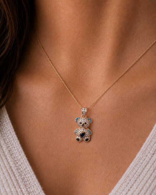14K Yellow Gold Blue Halo Teddy Bear Heart Pendant