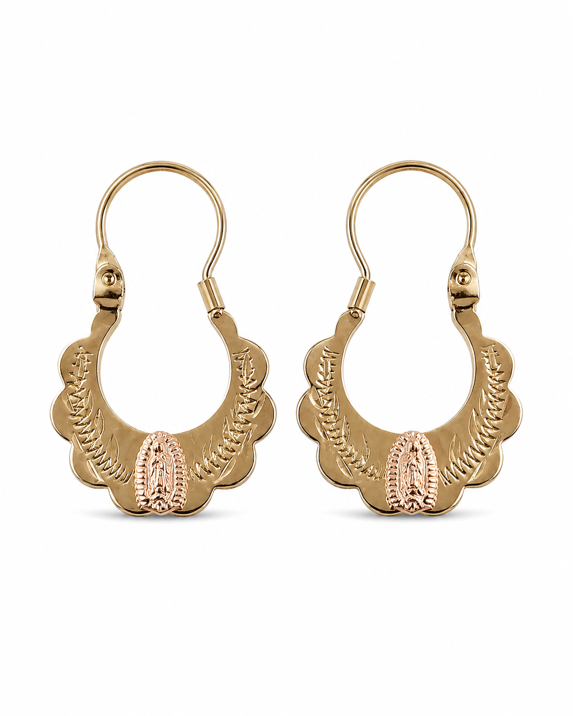 14K Two-Tone Scalloped Virgen de Guadalupe Drop Earrings