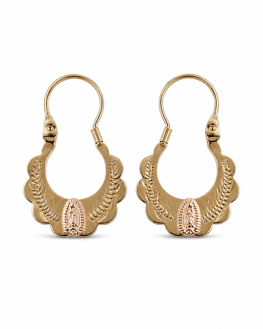 14K Two-Tone Scalloped Virgen de Guadalupe Drop Earrings