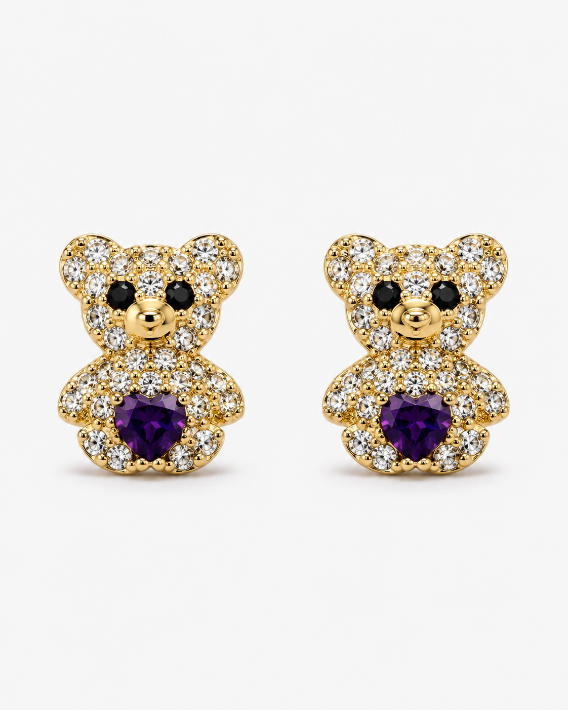 14K Yellow Gold Purple Heart Teddy Bear Stud Earrings