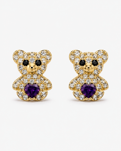 14K Yellow Gold Purple Heart Teddy Bear Stud Earrings