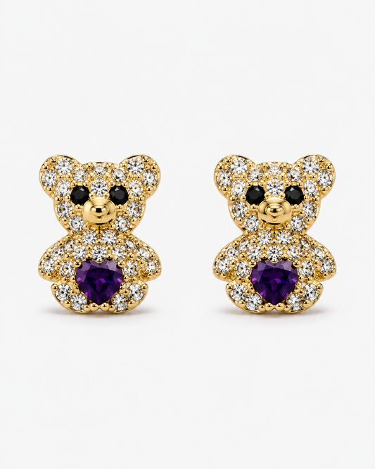 14K Yellow Gold Purple Heart Teddy Bear Stud Earrings
