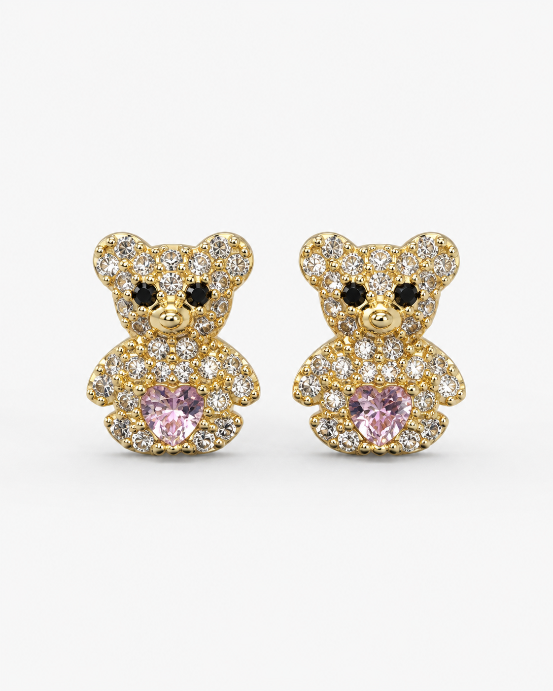 14K Yellow Gold Pink Heart Teddy Bear Stud Earrings