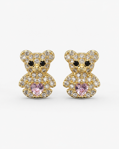 14K Yellow Gold Pink Heart Teddy Bear Stud Earrings