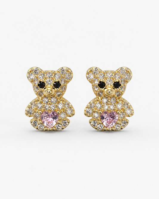 14K Yellow Gold Pink Heart Teddy Bear Stud Earrings