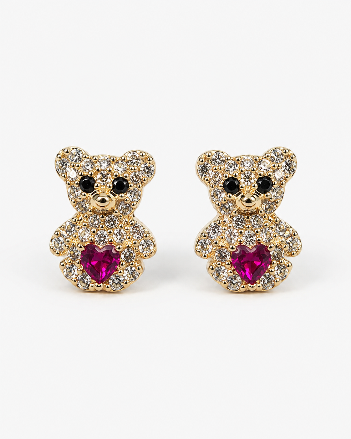 14K Yellow Gold Fuchsia Heart Teddy Bear Stud Earrings