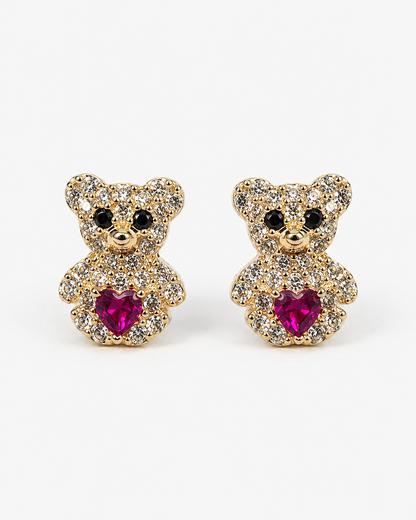 14K Yellow Gold Fuchsia Heart Teddy Bear Stud Earrings