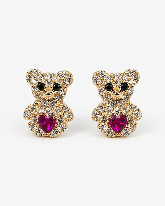 14K Yellow Gold Fuchsia Heart Teddy Bear Stud Earrings
