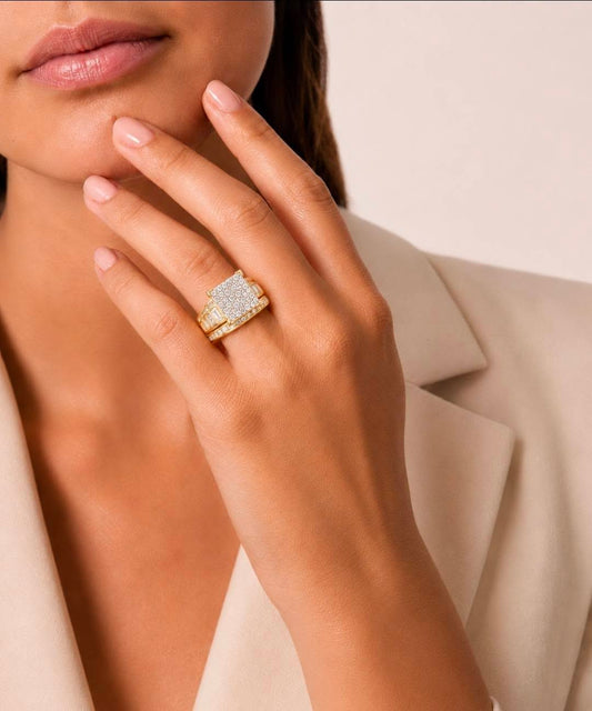 14K Yellow Gold 2.12 CTW Natural Diamond Fashion Ring Size #7| Round & Baguette Diamonds
