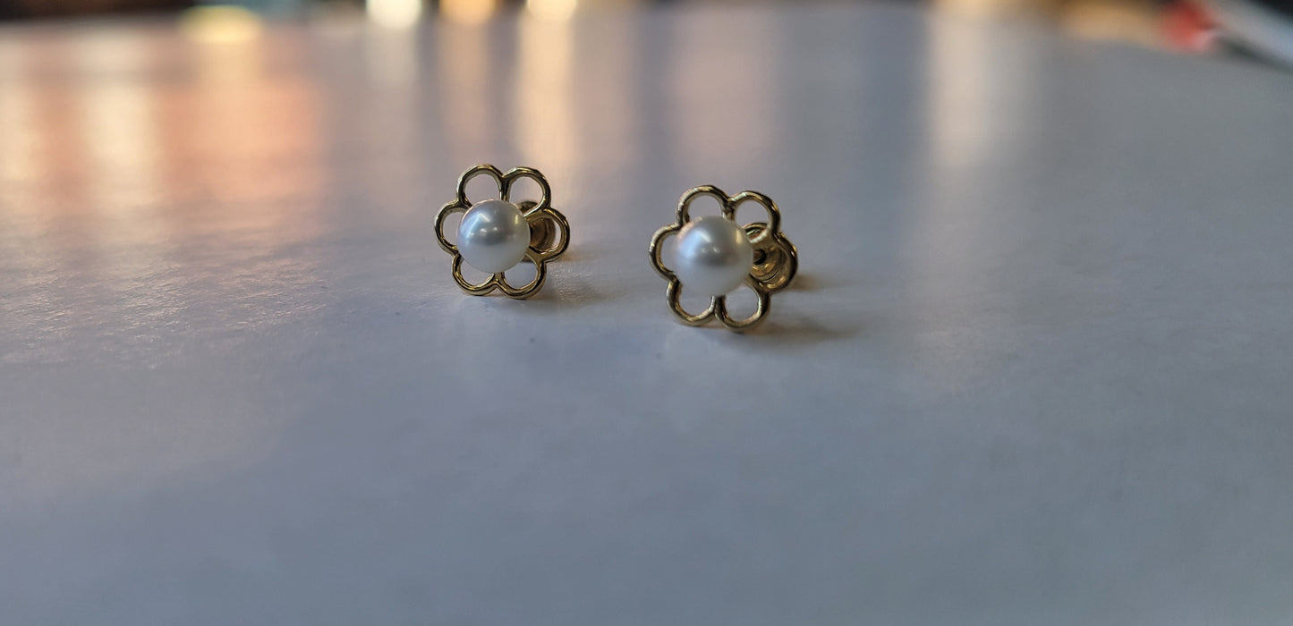 14K Gold Petals and Cultured Pearls Studs Screw Back Earrings