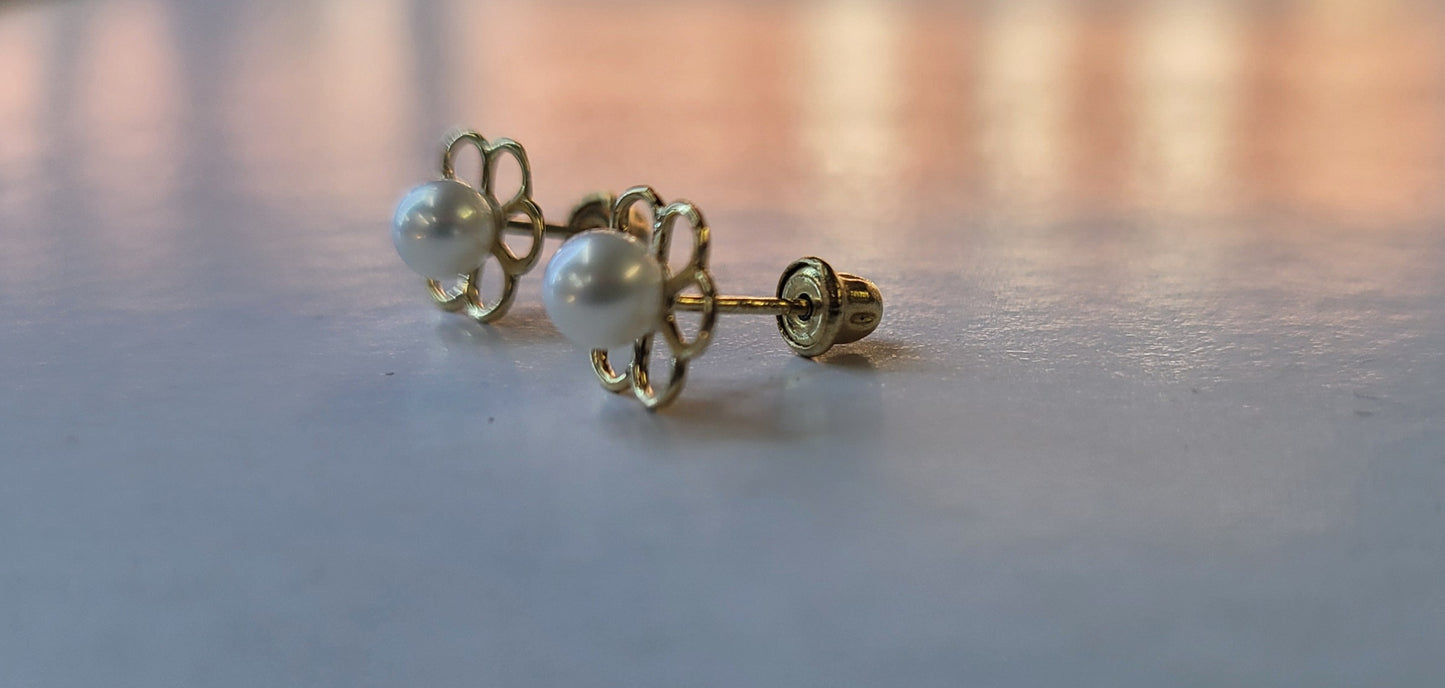 14K Gold Petals and Cultured Pearls Studs Screw Back Earrings